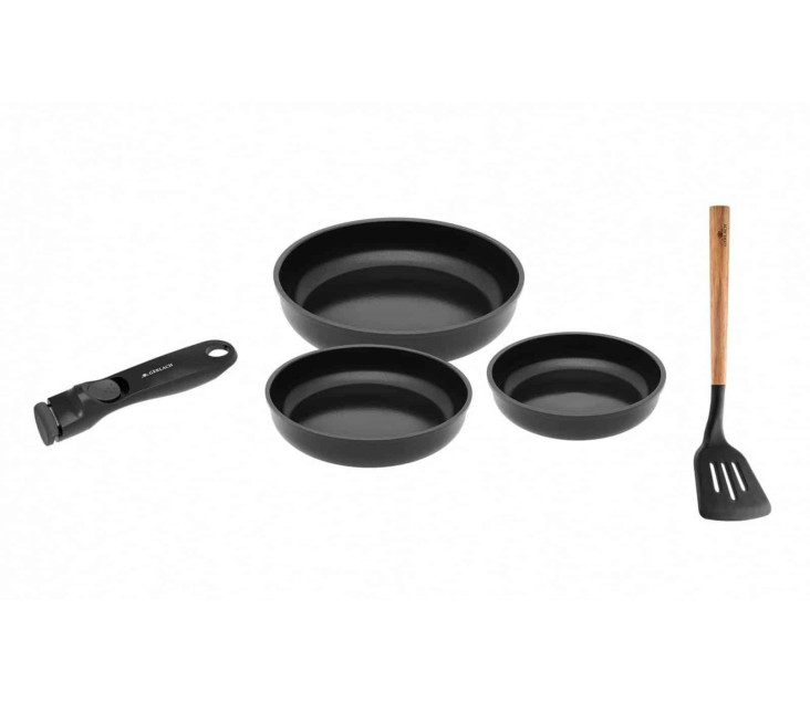 Pfannen-Set SMART 20/24/28 cm + Griff + Pfannenwender mit Löchern