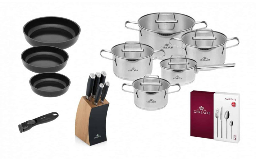 Set Of 10 AMBIENTE Pots + Set Of 24 Cutlery + 3x Pans With Detachable Handle + Set Of Knives In Block
