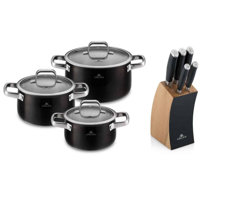 Zestaw garnk&oacute;w 6 el. PRIME + zestaw noży w bloku