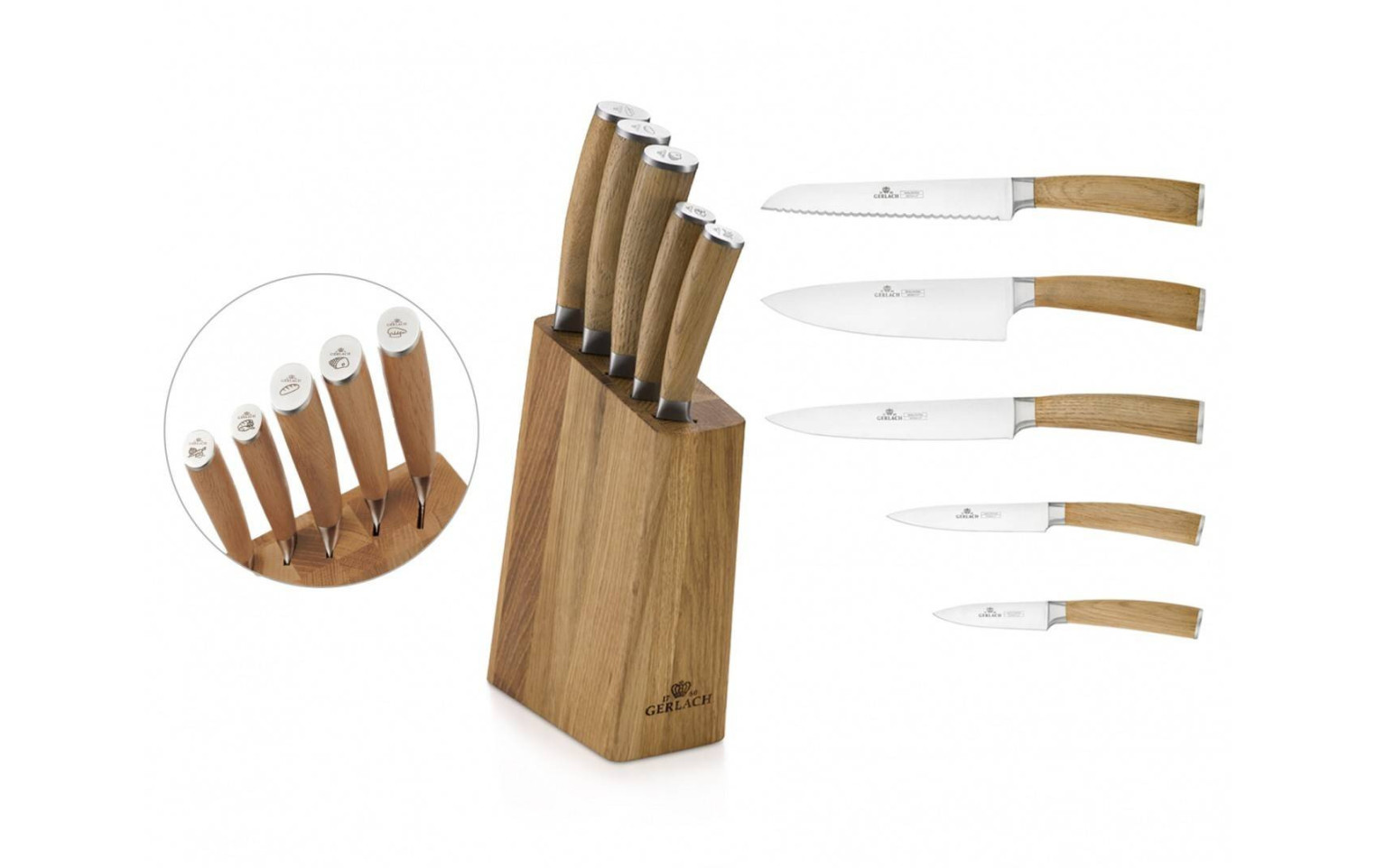 Messerset im Block + Schneidebrett + Salzstreuer und Pfeffermühle NATUR