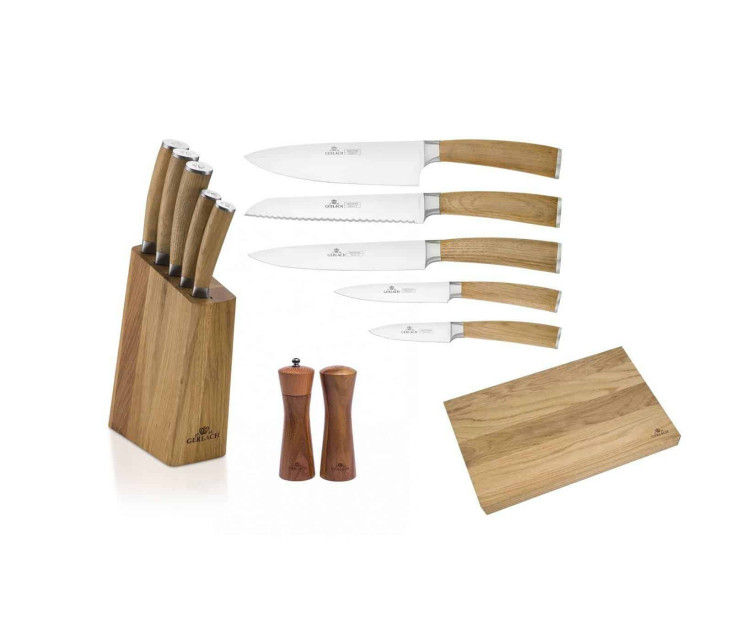 Messerset im Block + Schneidebrett + Salzstreuer und Pfeffermühle NATUR