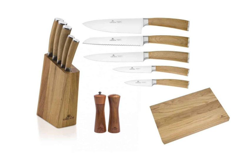 Messerset im Block + Schneidebrett + Salzstreuer und Pfeffermühle NATUR Messerset im Block + Schneidebrett + Salzstreuer und Pfeffermühle NATUR