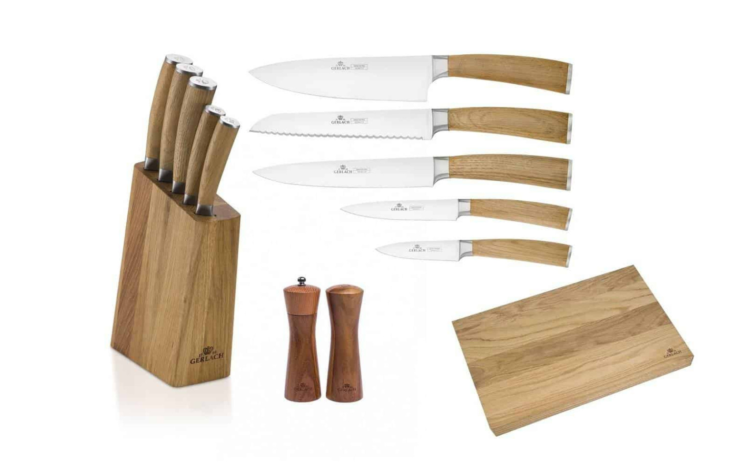 Messerset im Block + Schneidebrett + Salzstreuer und Pfeffermühle NATUR