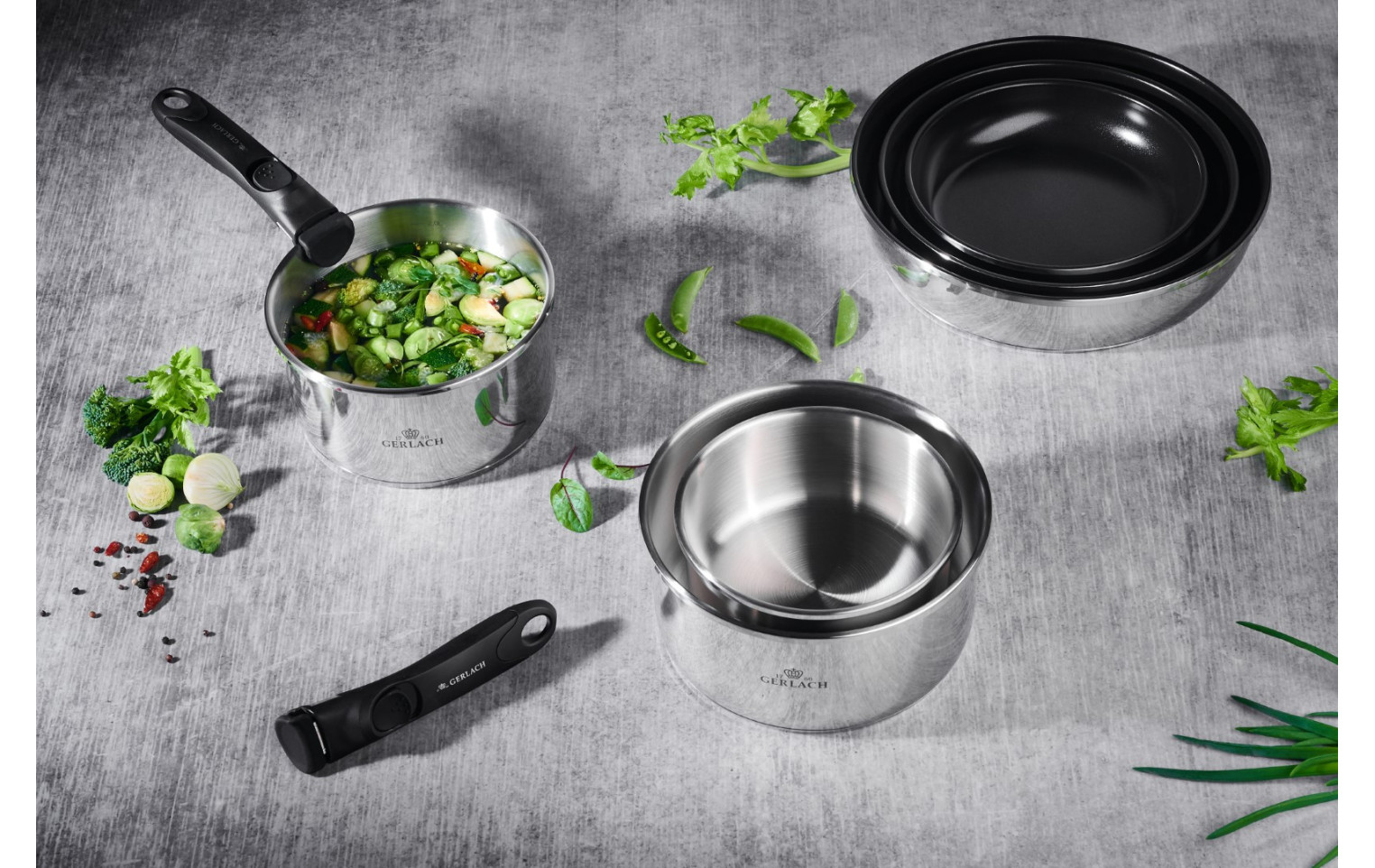 Topfset 4 Teile SMART STEEL + 3xPfannen 20/24/28cm SMART STEEL + Deckel 6 Teile SMART