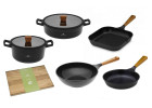 Topf 24/28 cm + Pfanne 24 cm + Grillpfanne 28 cm + Wok-Pfanne + Schneidebrett NATUR