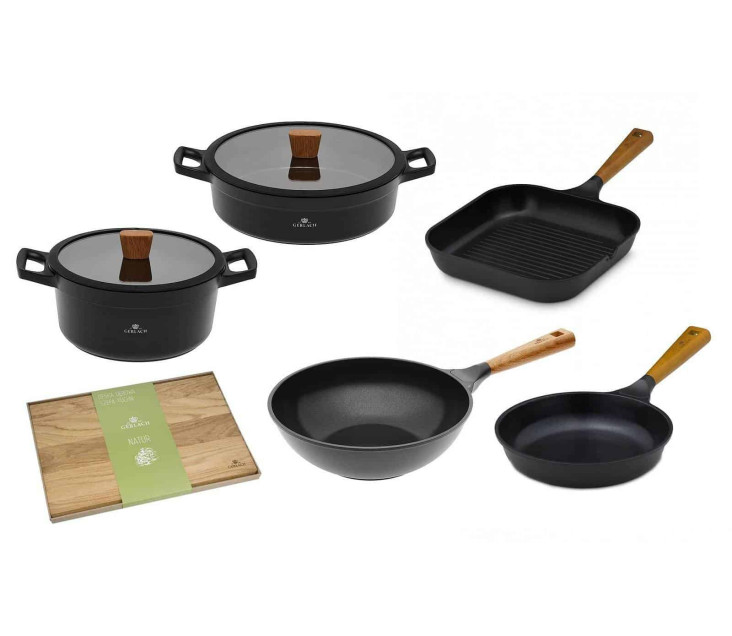 Topf 24/28cm + Pfanne 24cm + Grillpfanne 28cm + Wok-Pfanne 28cm + Schneidebrett NATUR