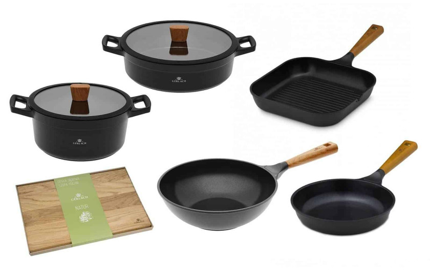 Topf 24/28 cm + Pfanne 24 cm + Grillpfanne 28 cm + Wok-Pfanne + Schneidebrett NATUR