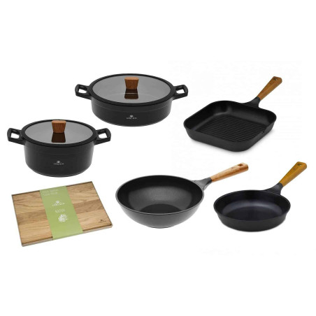 Topf 24/28cm + Pfanne 24cm + Grillpfanne 28cm + Wok-Pfanne 28cm + Schneidebrett NATUR