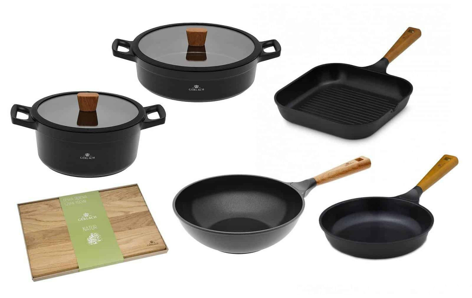 Topf 24/28cm + Pfanne 24cm + Grillpfanne 28cm + Wok-Pfanne 28cm + Schneidebrett NATUR