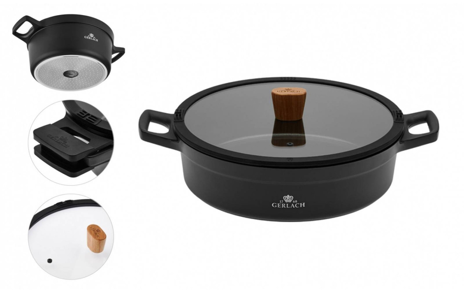 Topf 24/28cm + Pfanne 24cm + Grillpfanne 28cm + Wok-Pfanne 28cm + Schneidebrett NATUR