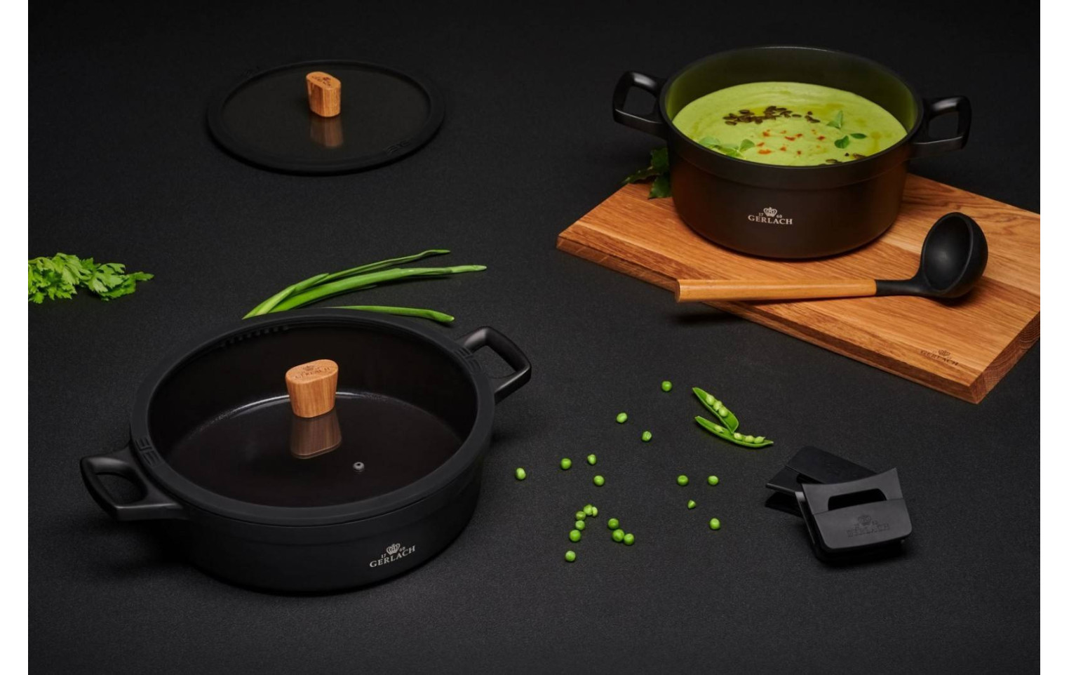 Topf 24/28cm + Pfanne 24cm + Grillpfanne 28cm + Wok-Pfanne 28cm + Schneidebrett NATUR