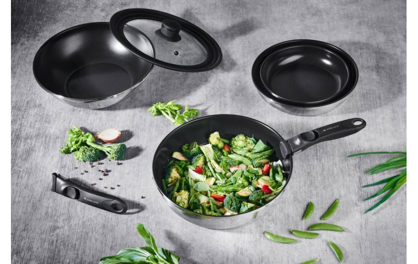 Topf 18/20cm + Wok-Pfanne 28cm + Deckel + abnehmbarer Griff SMART STEEL Topf 18/20cm + Wok-Pfanne 28cm + Deckel + abnehmbarer Griff SMART STEEL
