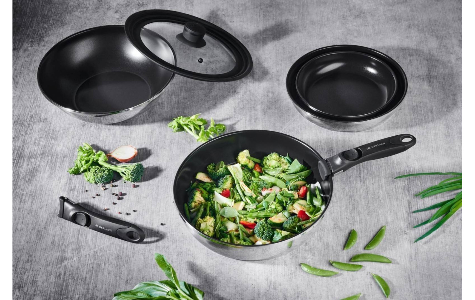 Topf 18/20cm + Wok-Pfanne 28cm + Deckel + abnehmbarer Griff SMART STEEL