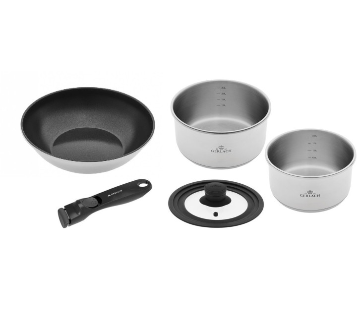 Topf 18/20cm + Wok-Pfanne 28cm + Deckel + abnehmbarer Griff SMART STEEL