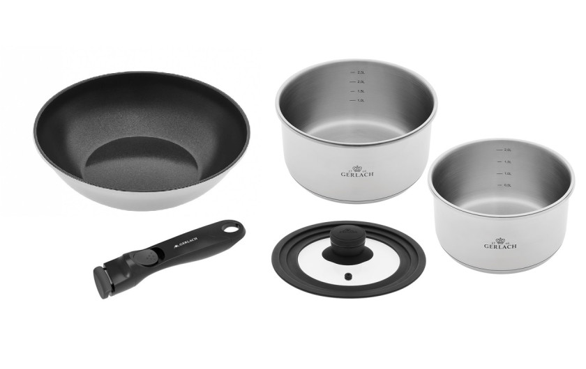 Topf 18/20cm + Wok-Pfanne 28cm + Deckel + abnehmbarer Griff SMART STEEL Topf 18/20cm + Wok-Pfanne 28cm + Deckel + abnehmbarer Griff SMART STEEL