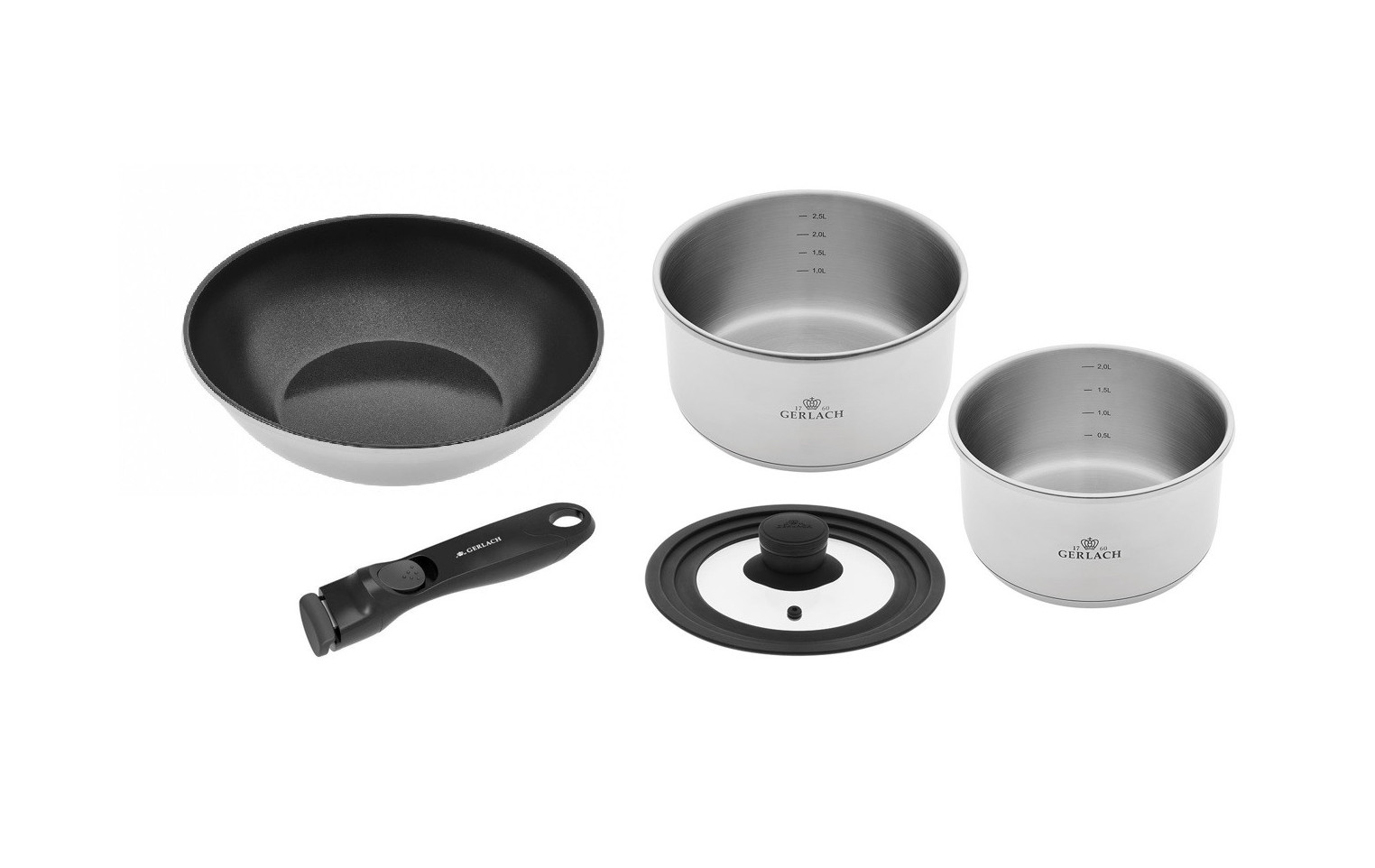 Topf 18/20cm + Wok-Pfanne 28cm + Deckel + abnehmbarer Griff SMART STEEL