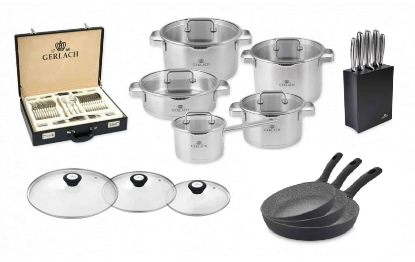 Topfset PRESTIGE PLUS + Besteckset MUZA 68-teilig + Messerset Modern + 3 Pfannen Granitex Grey + Deckel