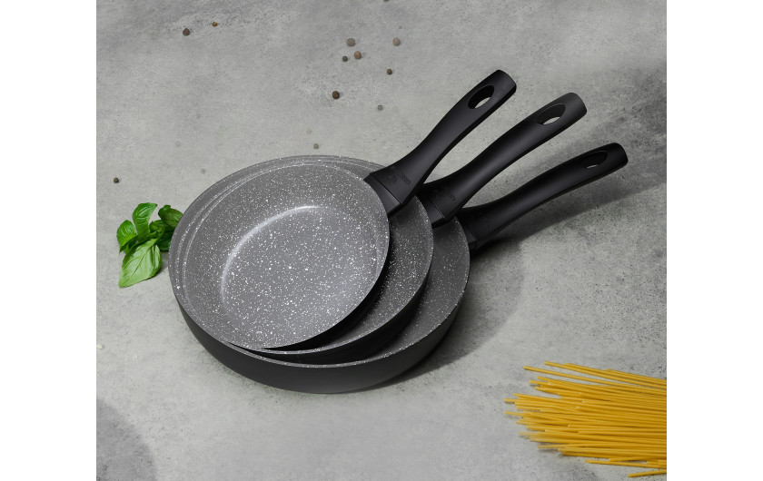 Topfset PRESTIGE PLUS + Besteckset MUZA 68-teilig + Messerset Modern + 3 Pfannen Granitex Grey + Deckel