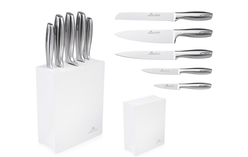 Set mit 6 Töpfen PRIME WHITE + Messerset in weißem Block.