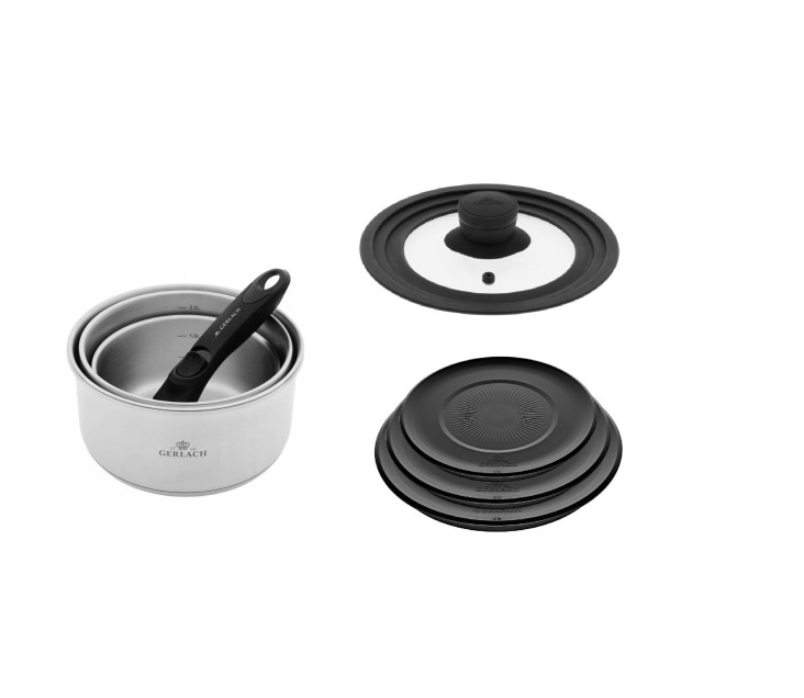 Topf-Set 4-tlg. SMART STEEL + SMART Universaldeckel 16 cm, 18 cm, 20 cm + Aufbewahrungsdeckel 3-tlg. - schwarz