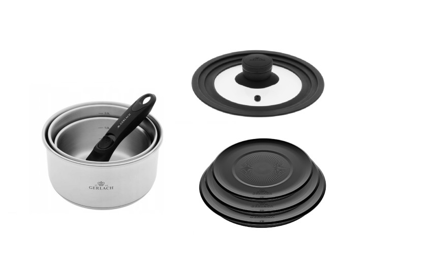 Topf-Set 4-tlg. SMART STEEL + SMART Universaldeckel 16 cm, 18 cm, 20 cm + Aufbewahrungsdeckel 3-tlg. - schwarz