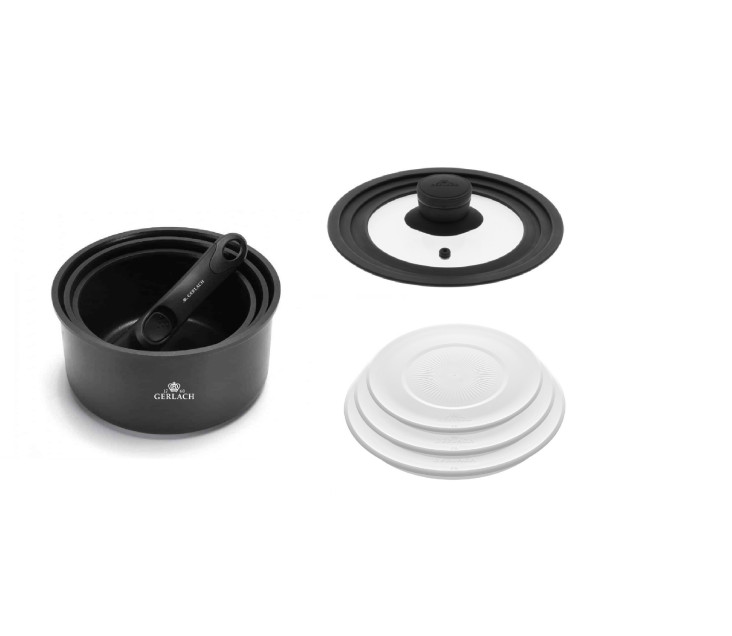 4-teiliges Topfset SMART + SMART Universaldeckel 16cm, 18cm, 20cm + 3-teilige Aufbewahrungsdeckel - weiß