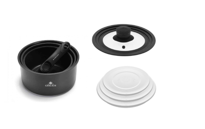 4-teiliges Topfset SMART + SMART Universaldeckel 16cm, 18cm, 20cm + 3-teilige Aufbewahrungsdeckel - weiß