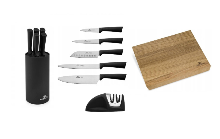 Messerset im Block SMART BLACK + Schneidebrett 30x24cm NATUR + Messerschärfer Mini SMART Messerset im Block SMART BLACK + Schneidebrett 30x24cm NATUR + Messerschärfer Mini SMART
