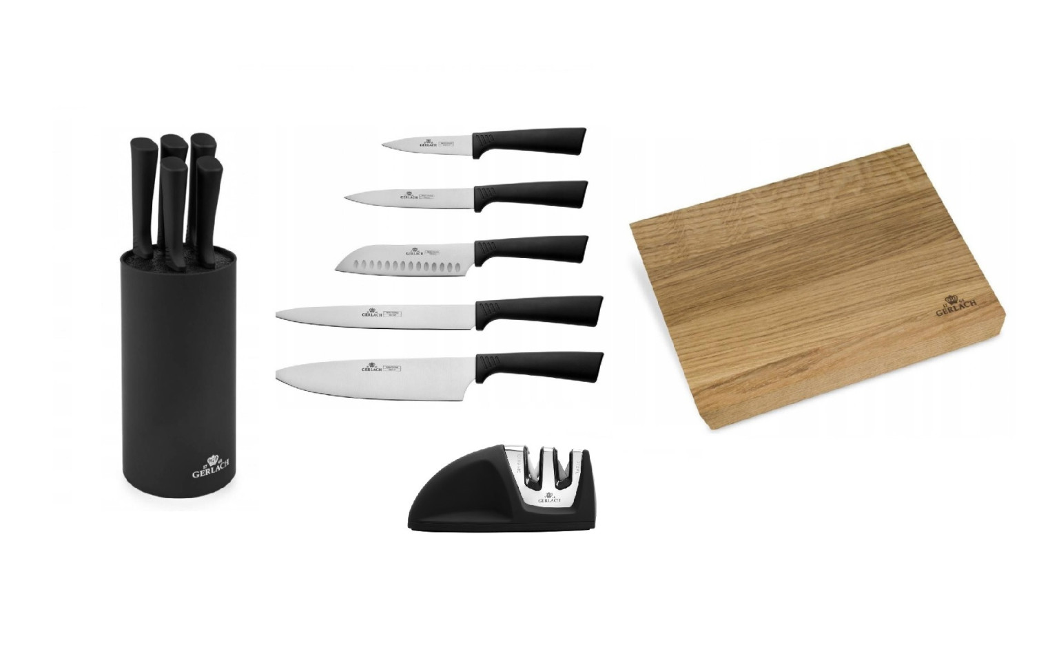 Messerset im Block SMART BLACK + Schneidebrett 30x24cm NATUR + Messerschärfer Mini SMART