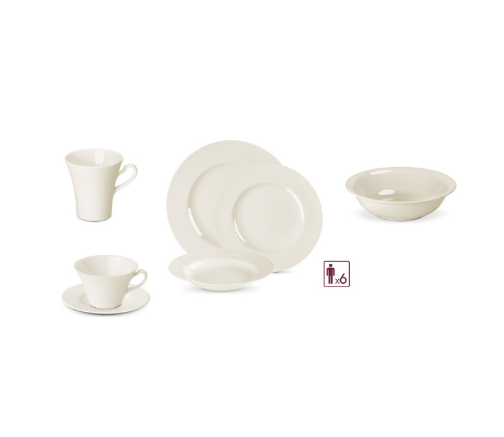 Porzellanservice MUZA 38 Teile für 6 Personen: 18 Esssteller + 12 Tassen mit Untertassen + Becher + Salatschüssel