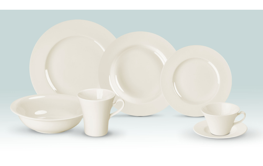 Porzellanservice MUZA 38-teilig für 6 Personen: 18 Essteller + 12 Teetassen mit Untertassen + Becher + Salatschüssel