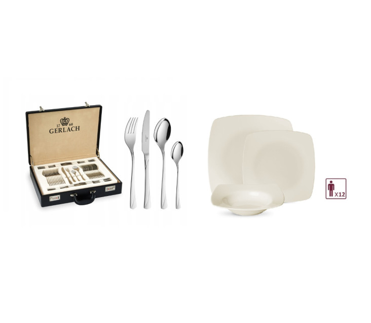 Geschirrset 36 Teile VALOR + Besteckset 68 Teile VALOR Poliert + Holzkiste f&uuml;r 12 Personen