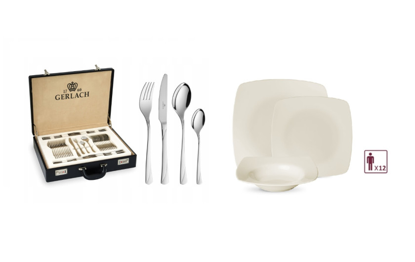 Geschirrset 36 Teile VALOR + Besteckset 68 Teile VALOR Poliert + Holzkiste f&uuml;r 12 Personen