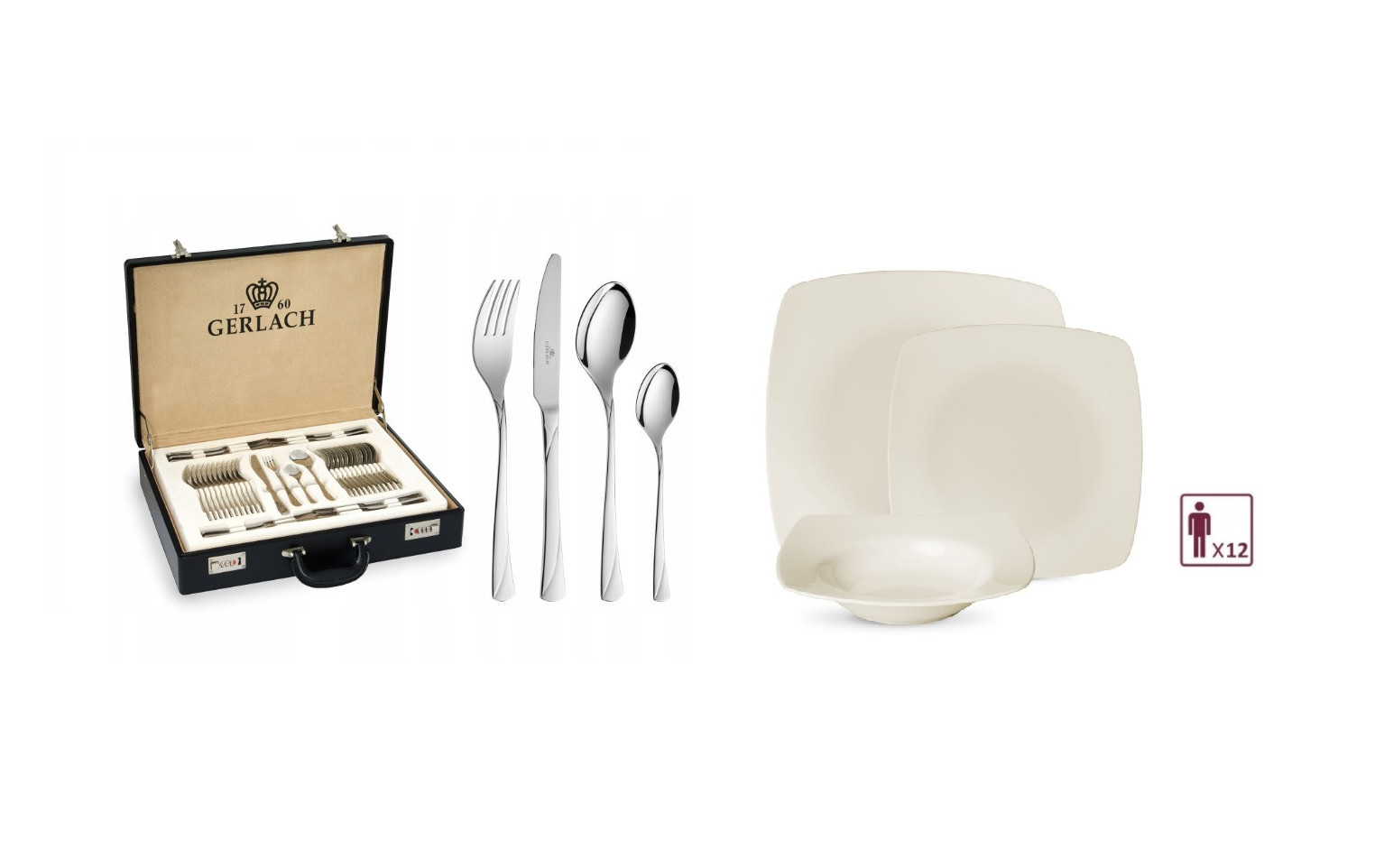 Geschirrset 36 Teile VALOR + Besteckset 68 Teile VALOR Poliert + Holzkiste für 12 Personen