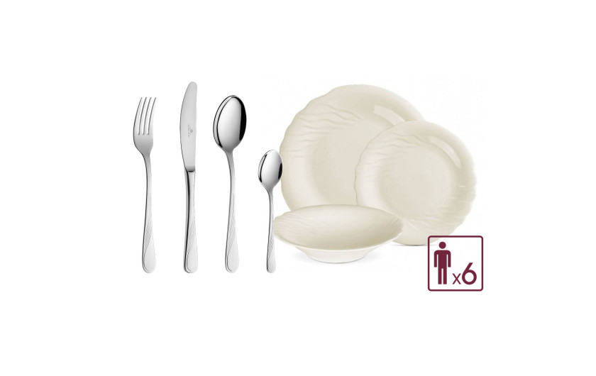 CELESTIA Set Essgeschirr 18-teilig + Besteckset 24 Teile poliert CELESTIA/6 Personen.