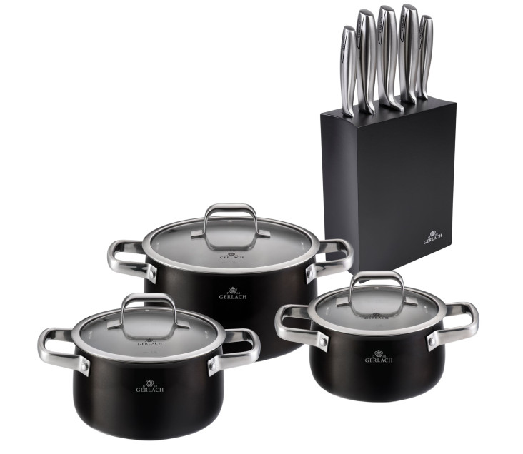 Topfset 6 Teile PRIME + Messerset im Block MODERN Schwarz