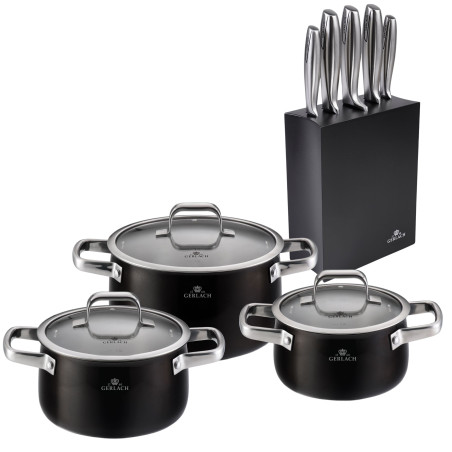 Topfset 6 Teile PRIME + Messerset im Block MODERN Schwarz