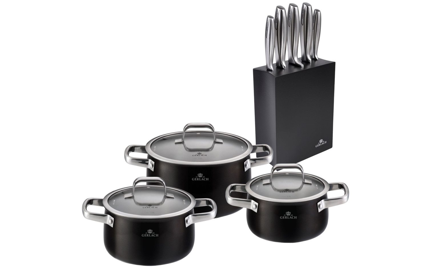 Topfset 6 Teile PRIME + Messerset im Block MODERN Schwarz