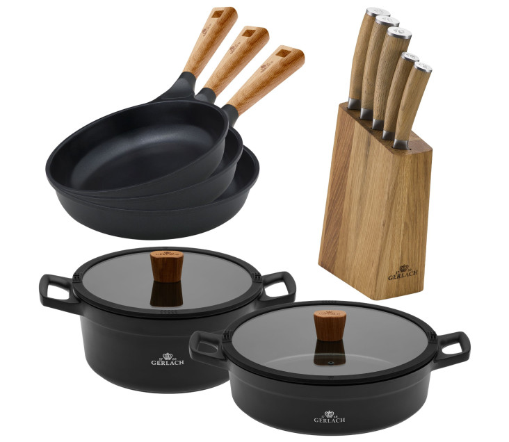 Messerset im Block + 2x Töpfe 24/28 cm + 3x Pfannen NATUR