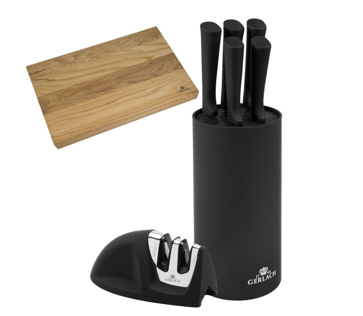 Messerset im Block SMART BLACK + Schneidebrett 30x24cm NATUR + Messersch&auml;rfer Mini SMART
