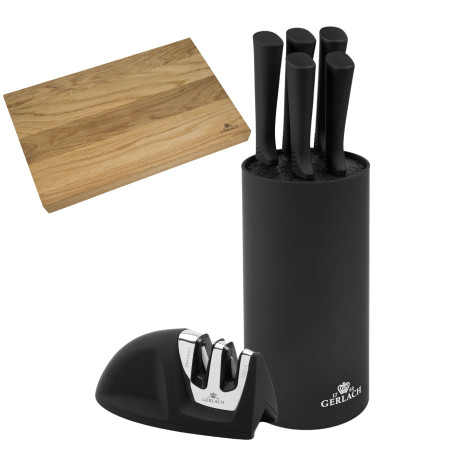 Messerset im Block SMART BLACK + Schneidebrett 30x24cm NATUR + Messerschärfer Mini SMART