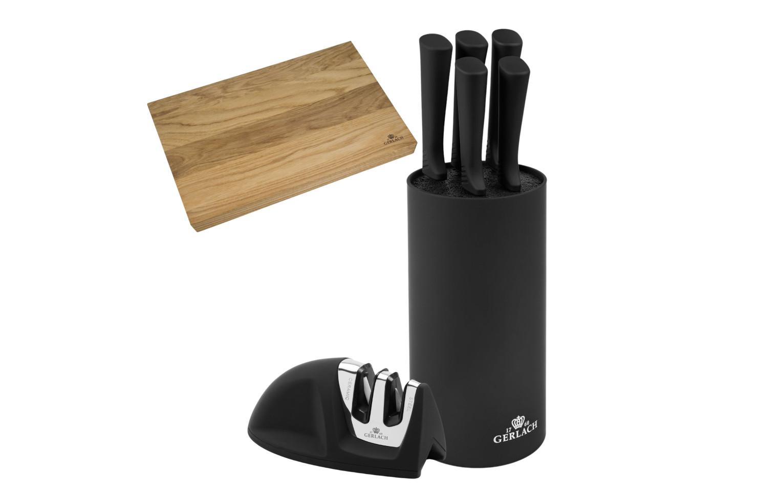 Messerset im Block SMART BLACK + Schneidebrett 30x24cm NATUR + Messerschärfer Mini SMART