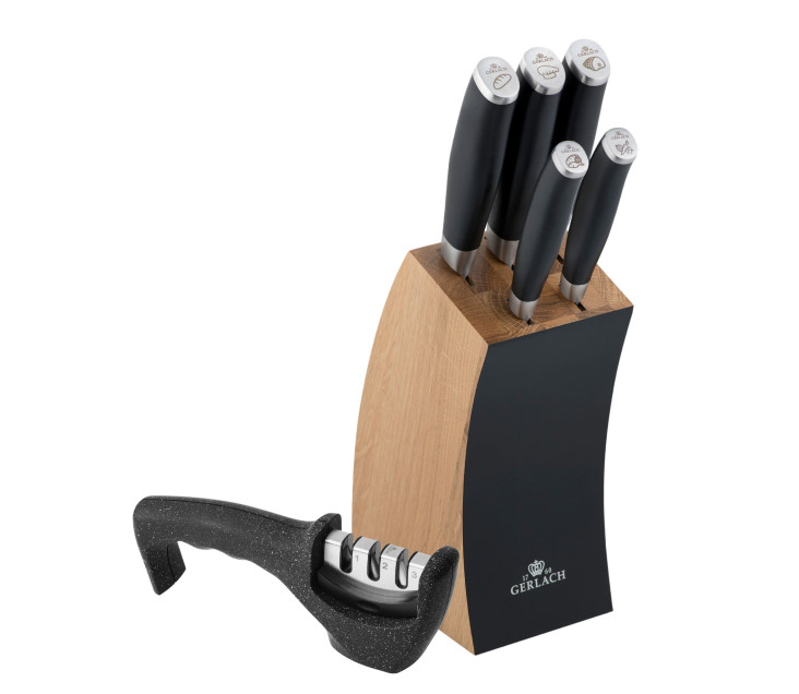 Messerset im Block DECO BLACK Holz Schwarz + Messersch&auml;rfer 3 in 1