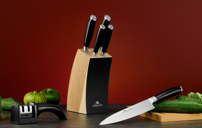 Messerset im Block DECO BLACK Holz Schwarz + Messersch&auml;rfer 3 in 1