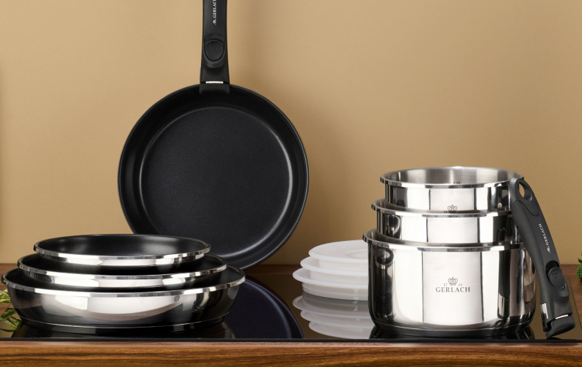 Topfset 16/20cm SMART STEEL + Pfanne 24cm + 2xDeckel + Griff