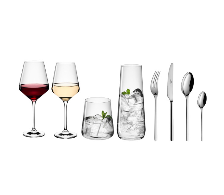 MODERN Karaffe + Set von Gläsern für weißen und roten Wein + Gläser + Besteckset für 6 Personen