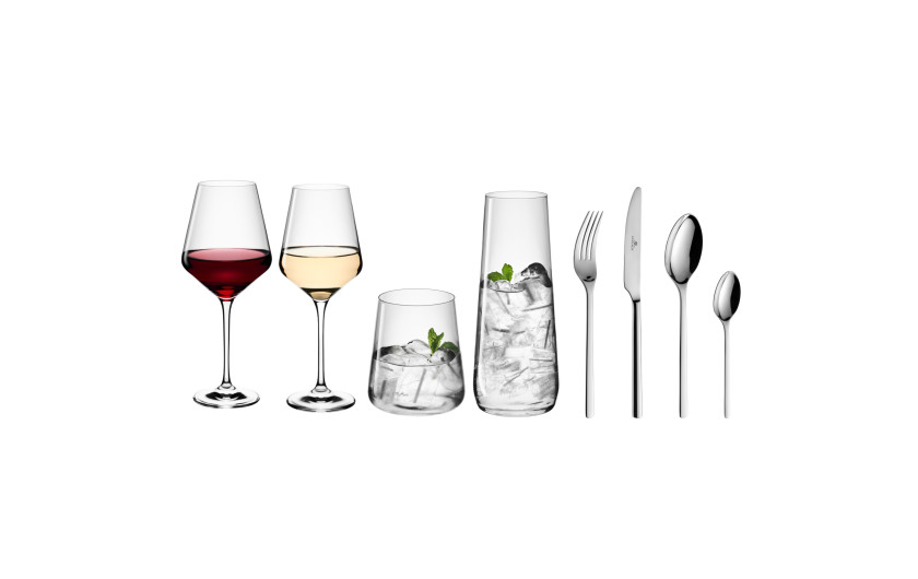 MODERN Karaffe + Set von Gläsern für weißen und roten Wein + Gläser + Besteckset für 6 Personen