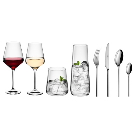 Besteckset 24 Teile + Rotweingläser 6 Teile + Weißweingläser 6 Teile + Gläser 6 Teile + Karaffe MODERN