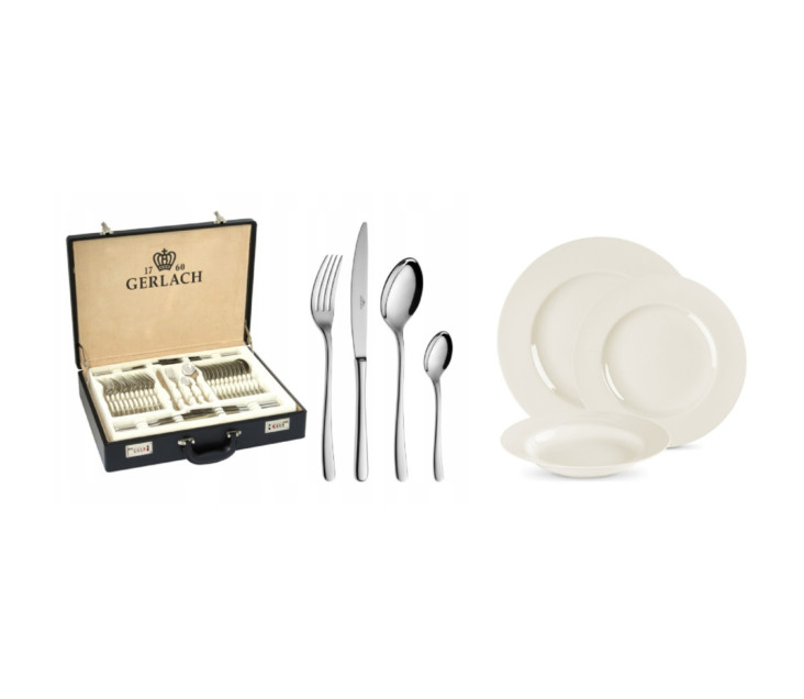 Geschirrset 36 Teile MUZA + Besteckset 68 Teile MUZA Poliert + Holzkiste f&uuml;r 12 Personen