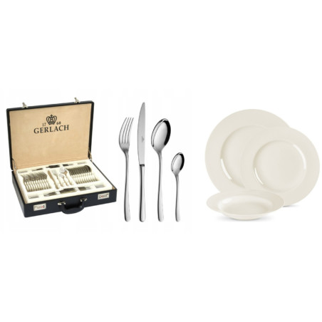 Geschirrset 36 Teile MUZA + Besteckset 68 Teile MUZA Poliert + Holzkiste für 12 Personen